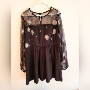 Black celestial long sleeve mini dress